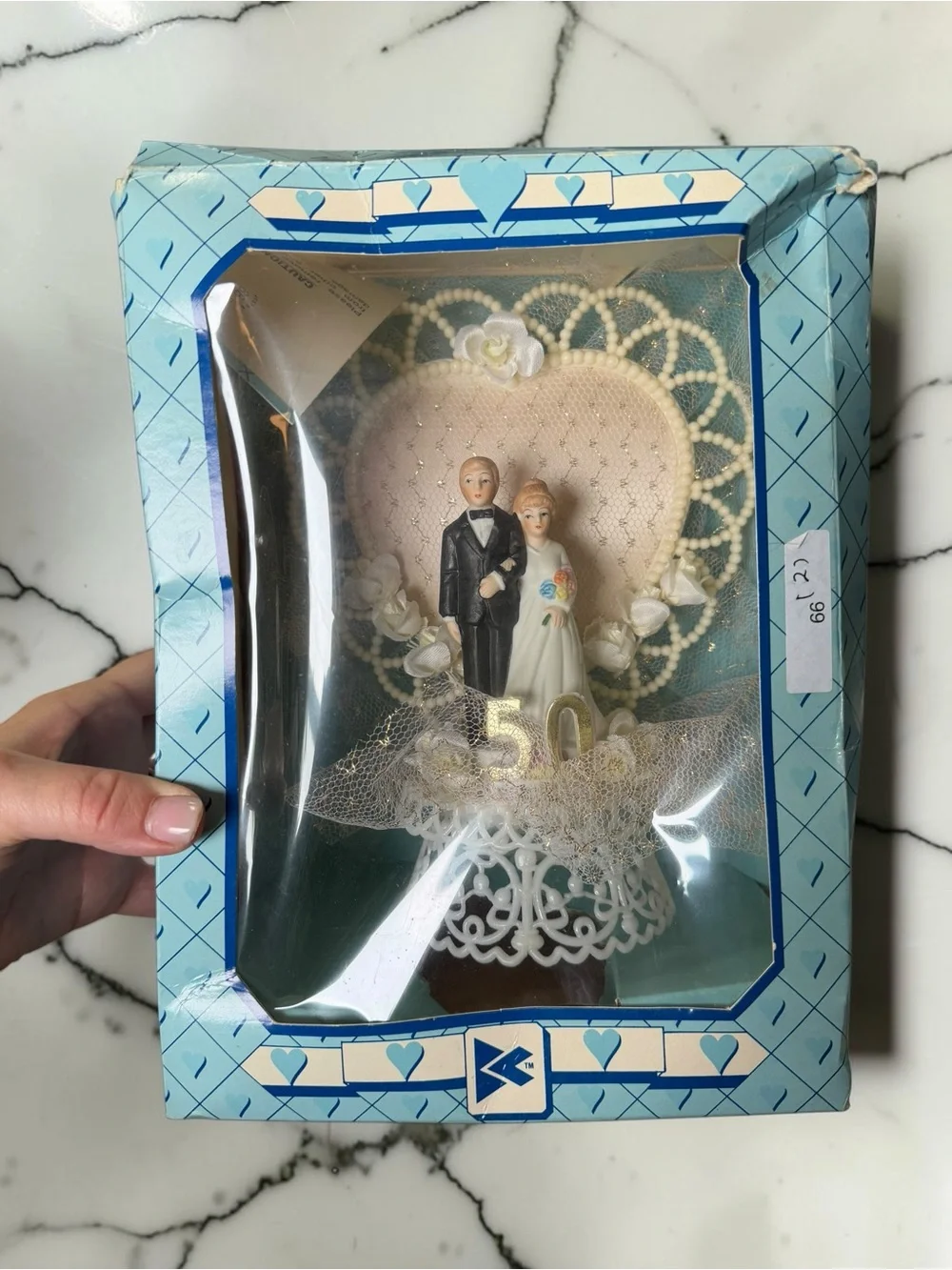 Vintage 50th Golden Anniversary Cake Topper Bisque Couple Pearl Heart Orig Box